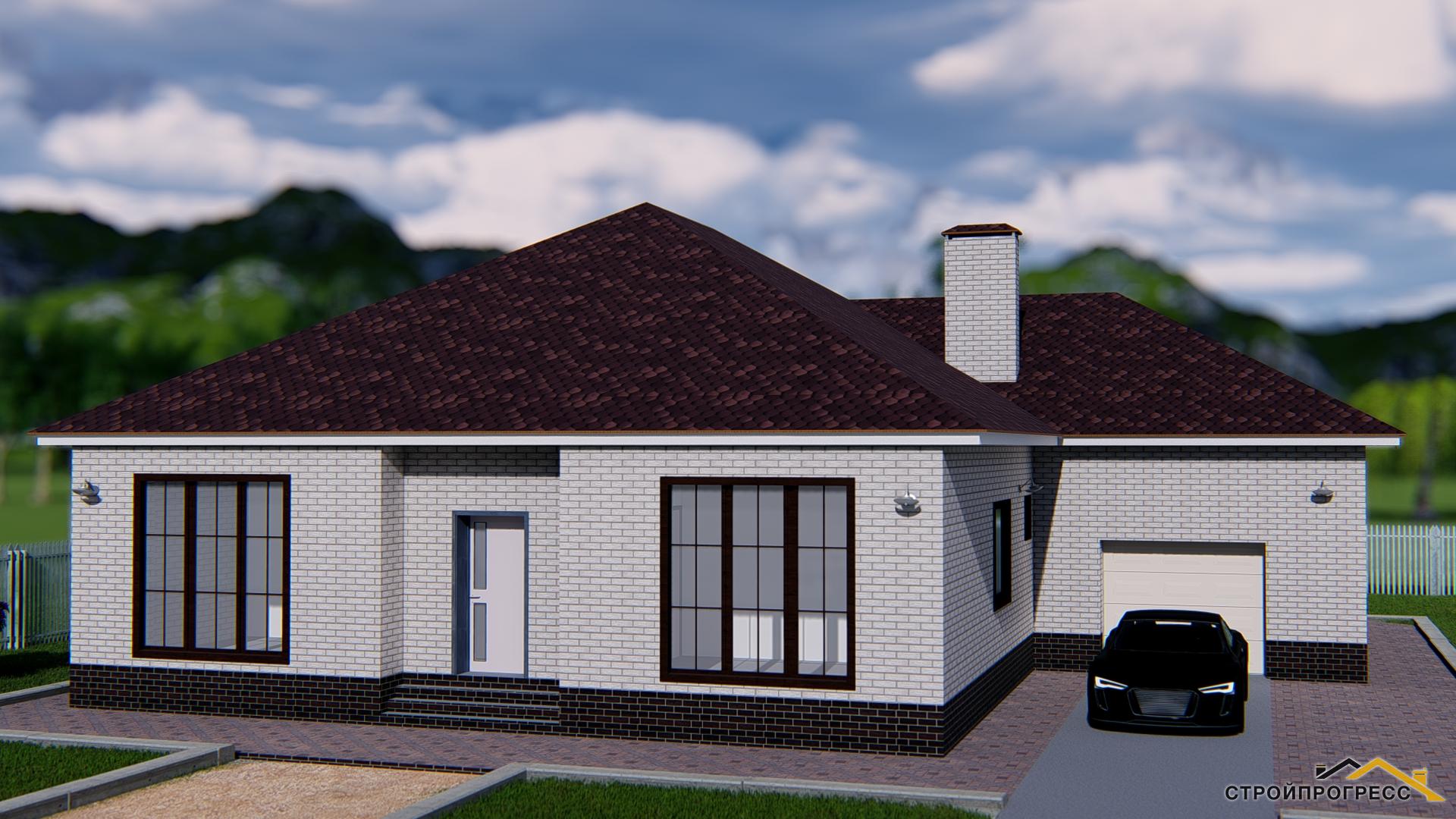 Проект одноэтажного дома с гаражом и террасой. S-108