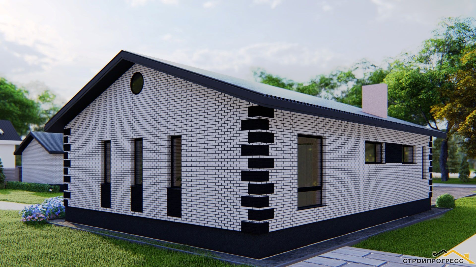 Проект одноэтажного дома для узкого участка с тремя спальнями и двускатной крышей. 3