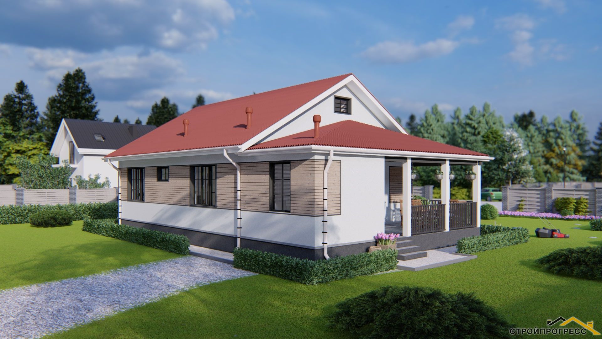 Одноэтажный дом с террасой до 100 кв.м и красной крышей. 4